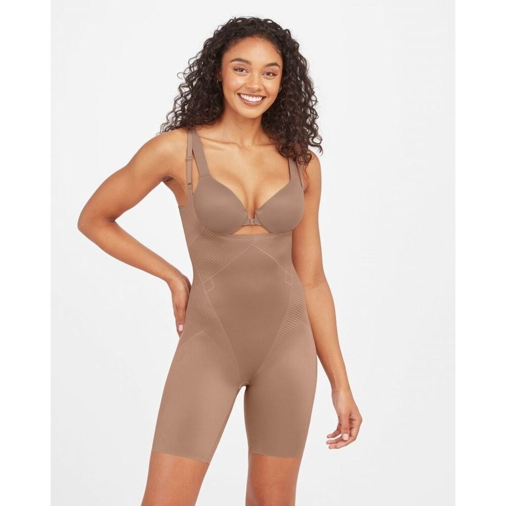 SPANX Thinstincts Open Bust Mid-thigh Bodysuit Casual Dark Nude Size M NWT